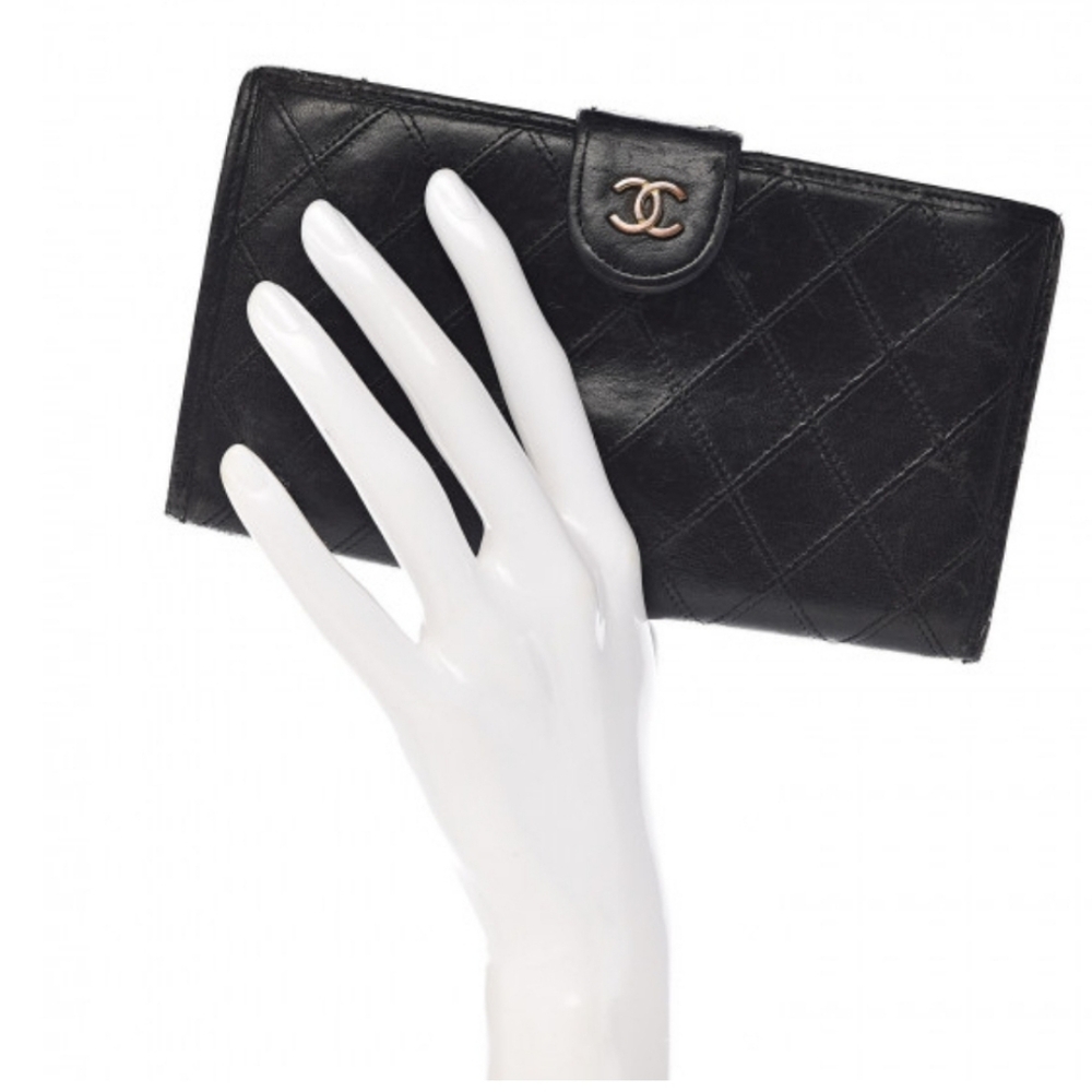 🔥LAST DAY Rare CHANEL LAMBSKIN Diamond Stitched French Wallet Black